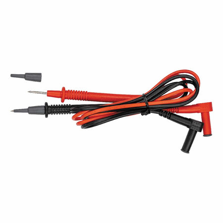 Detailed view of the Klein Tools safety-rated test leads. The set includes a red and a black lead with right-angle connectors, flexible silicone insulation, and sharp stainless steel tips protected by removable CAT III/CAT IV safety caps.