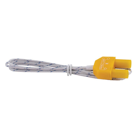 A close-up view of the K-type thermocouple probe included with the MM720 kit. The thermal probe features a yellow industry-standard connector and braided insulation, designed for accurate HVAC and electrical temperature diagnostics.