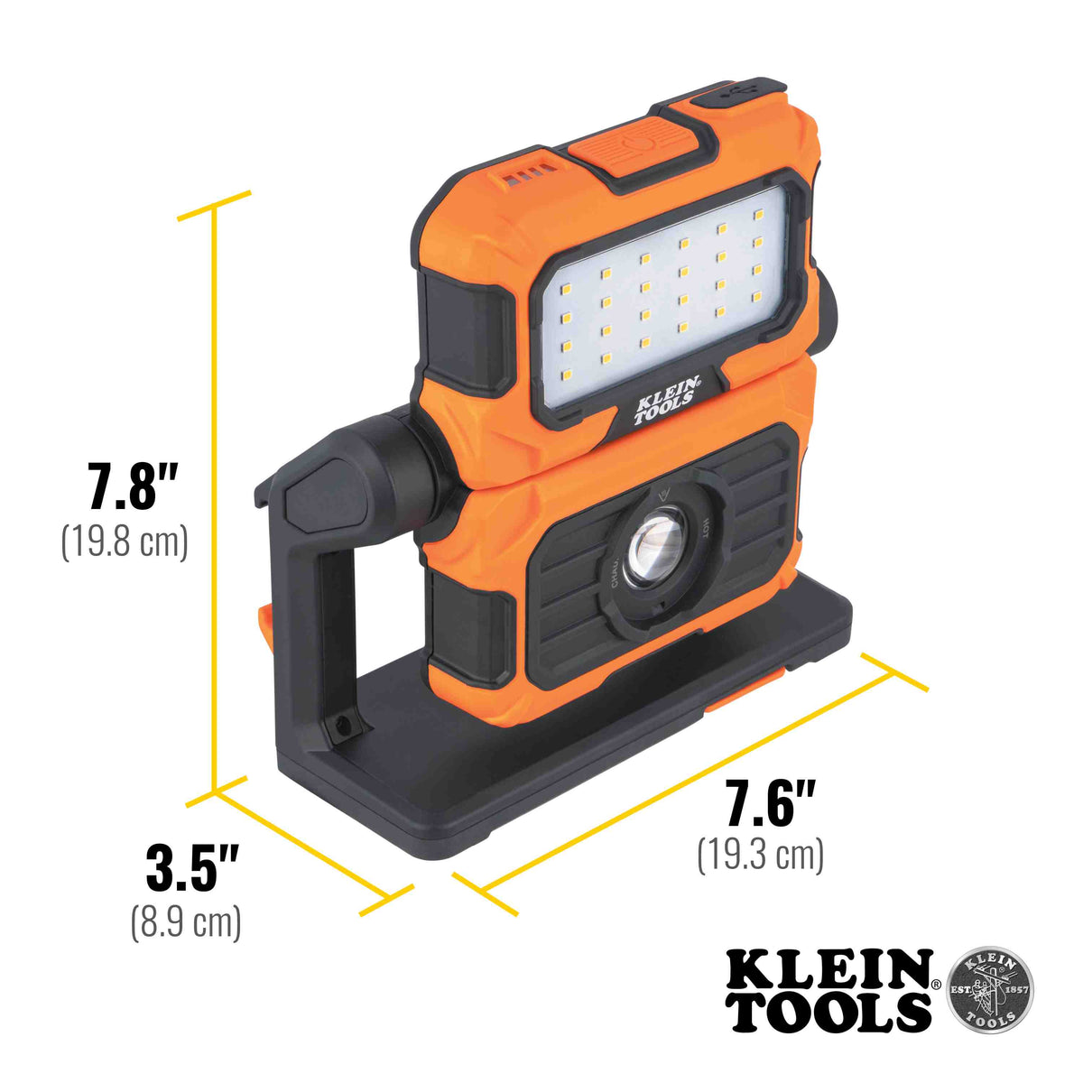 Product diagram of the Klein Tools rechargeable LED work light showing its physical dimensions. The unit measures 7.8 inches in height, 7.6 inches in width, and 3.5 inches in depth, highlighting its compact and portable size for storage in tool boxes.