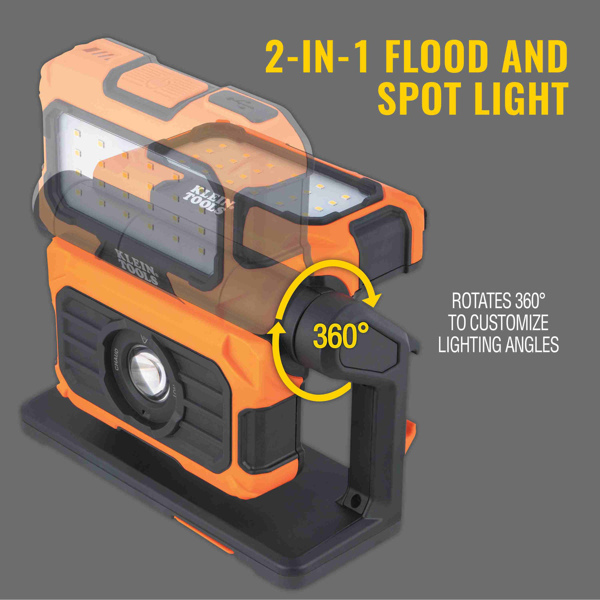 Informational graphic showing the 2-in-1 flood and spot light functionality of the Klein Tools 56417. A yellow arrow indicates the 360-degree rotating head, which allows professionals to customize lighting angles and direct 3000 lumens of output exactly where needed.