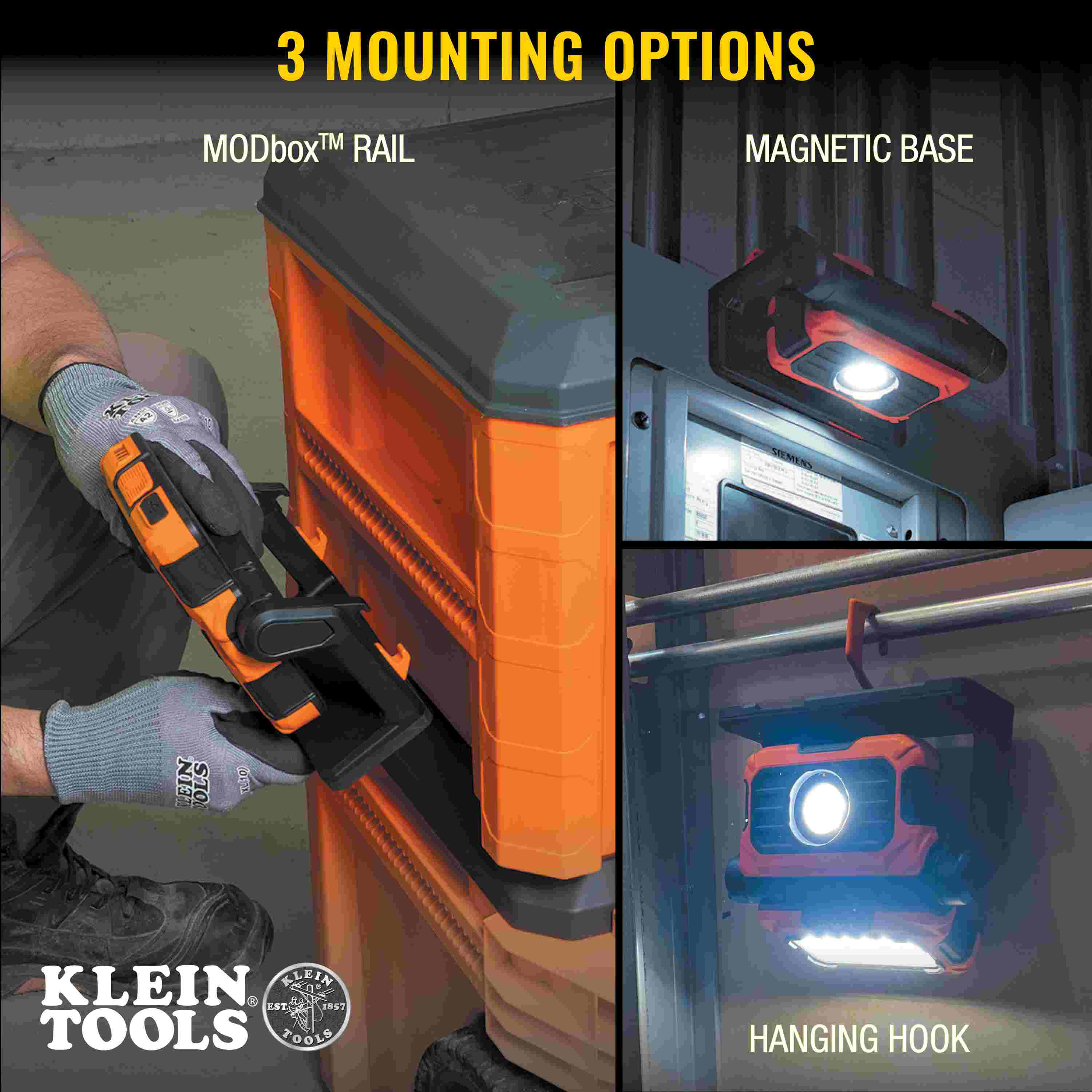A composite image showcasing three mounting options for the MODbox work light: a side rail attachment for MODbox tool boxes, a powerful magnetic base for attaching to electrical panels, and an integrated hanging hook for versatile placement on ladders or pipes.