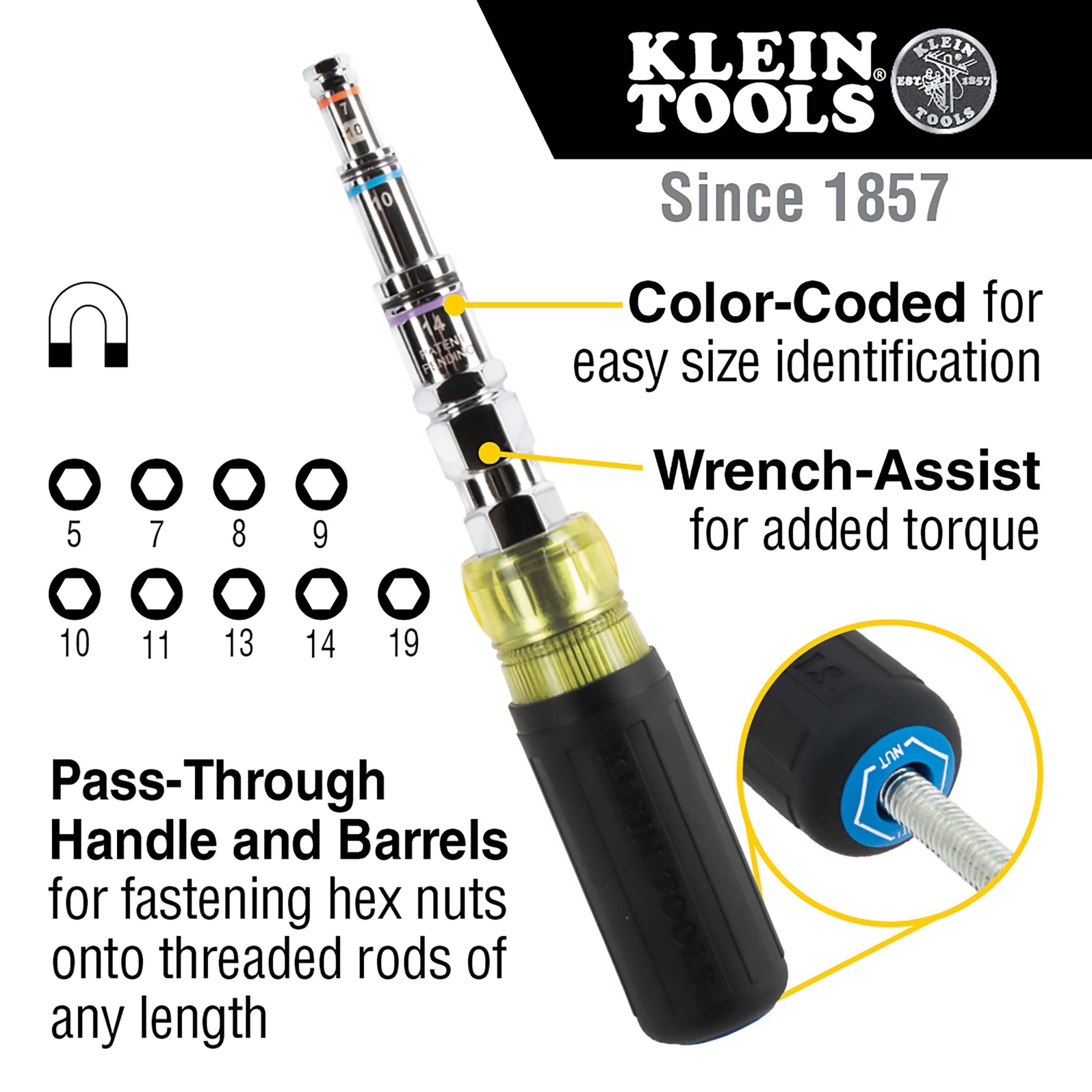 Diagram highlighting pass-through handle, 9 metric nut sizes, 2 hex keys, Rare-Earth magnets, and wrench-assist torque bolster.
