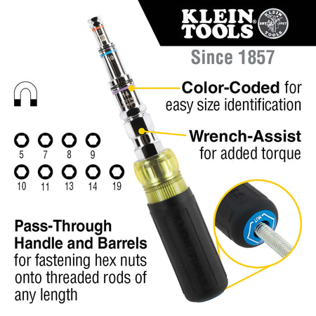 Diagram highlighting pass-through handle, 9 metric nut sizes, 2 hex keys, Rare-Earth magnets, and wrench-assist torque bolster.