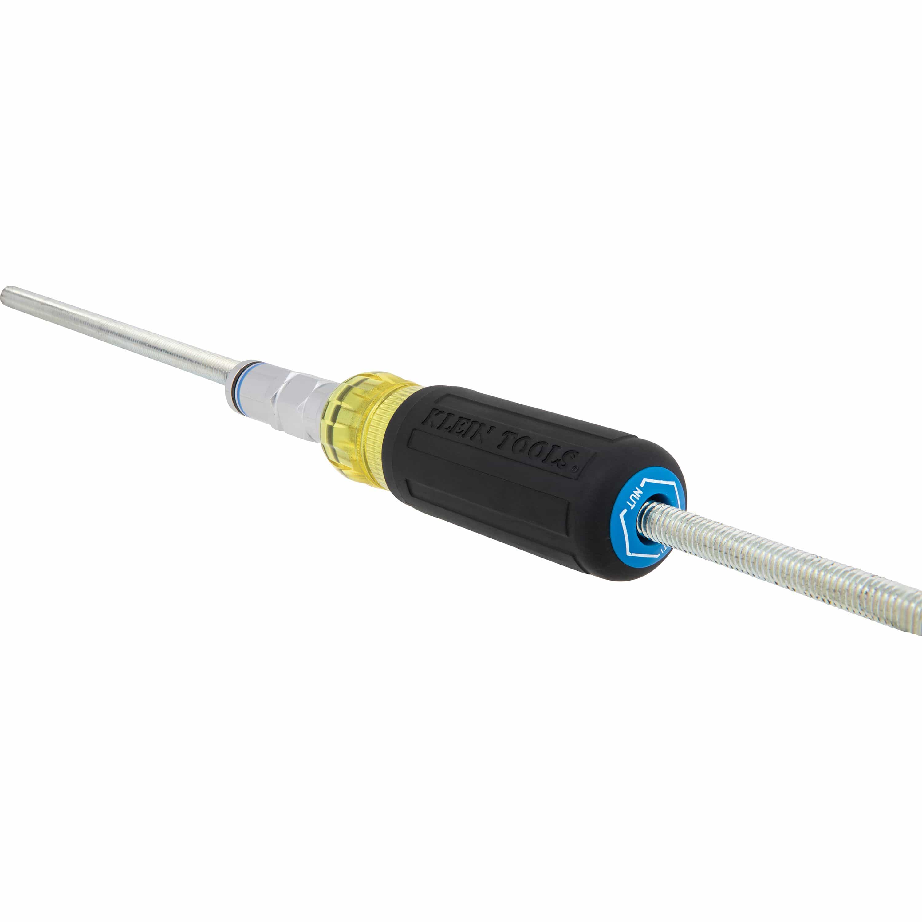 Klein 32809MAGM metric nut driver mounted on a threaded rod demonstrating hollow pass-through action for unhindered nut driving.