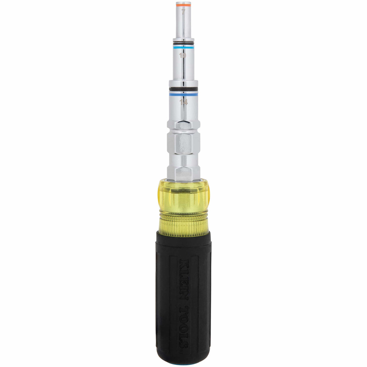 Upright profile of the Klein 32809MAGM 11-in-1 metric pass-through multi-nut driver showing nested alloy steel barrel steps.