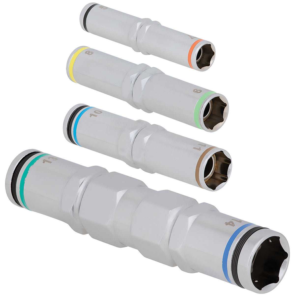 Four individual alloy steel pass-through driver barrels covering 5 mm to 19 mm metric sizes and integrated hex keys.