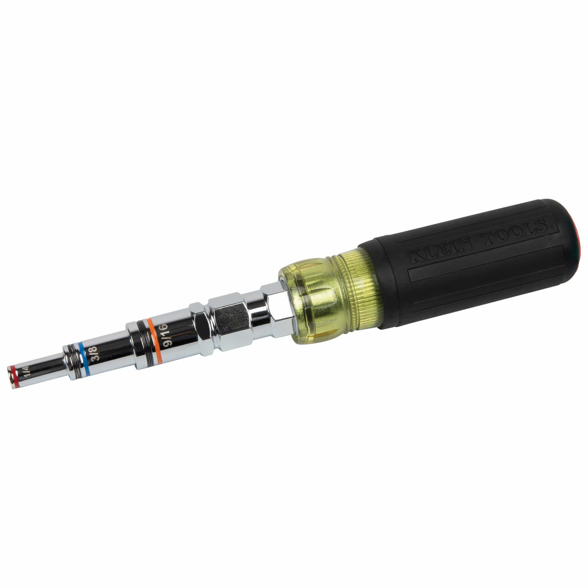 Klein 32809MAG 9-in-1 pass-through multi-nut driver displaying nested alloy steel barrels mounted in a Cushion-Grip handle.
