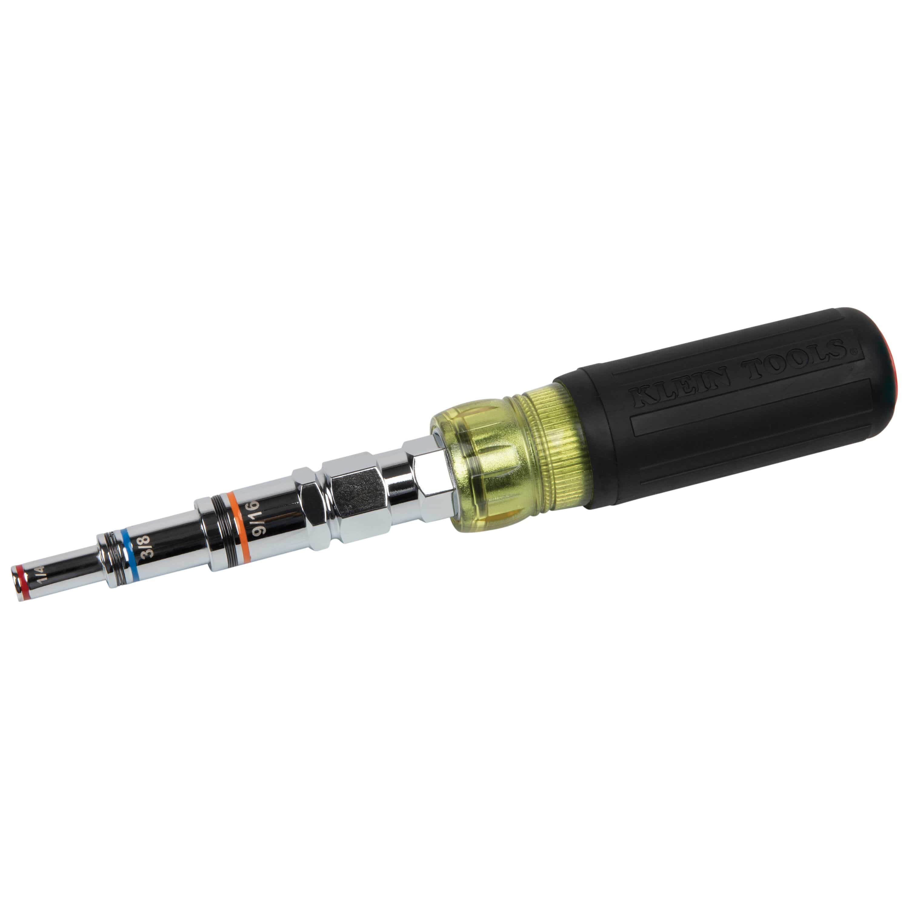 Klein 32809MAG 9-in-1 pass-through multi-nut driver displaying nested alloy steel barrels mounted in a Cushion-Grip handle.