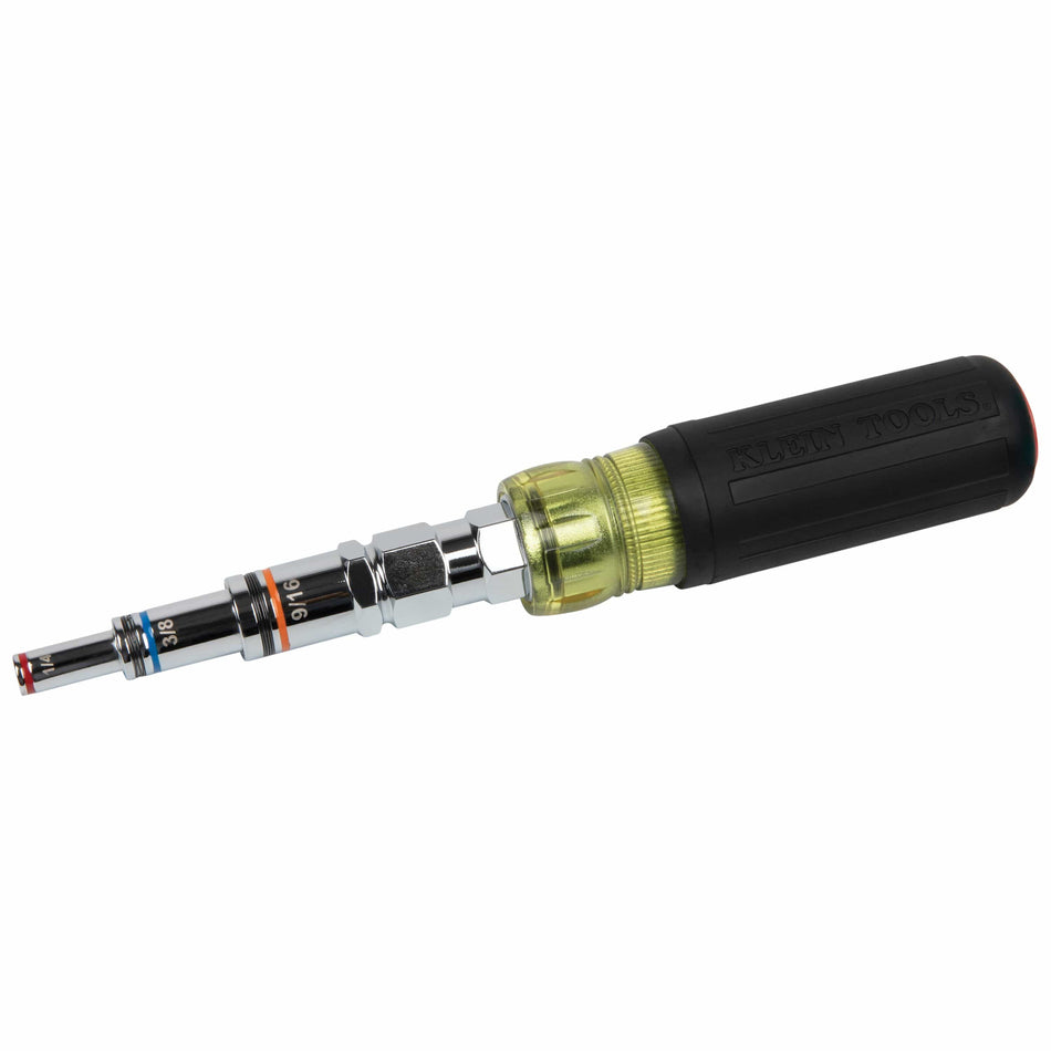 Klein 32809MAG 9-in-1 pass-through multi-nut driver displaying nested alloy steel barrels mounted in a Cushion-Grip handle.
