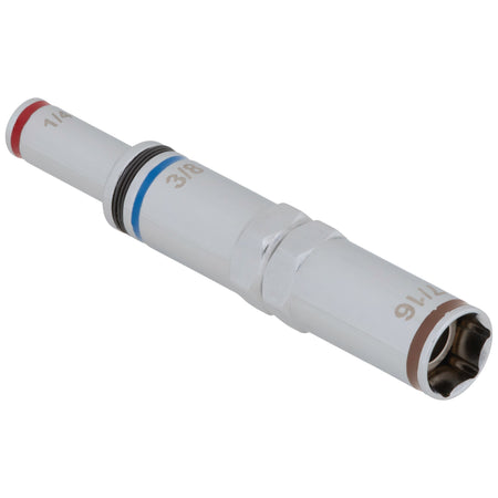 Nested pass-through nut driver barrels showing 1/4, 3/8, and 7/16-inch socket steps and Rare-Earth magnetic retention tips.