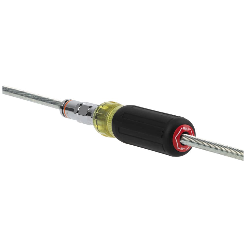 Klein 32809MAG nut driver mounted on a long threaded rod demonstrating hollow pass-through action for unhindered nut driving.