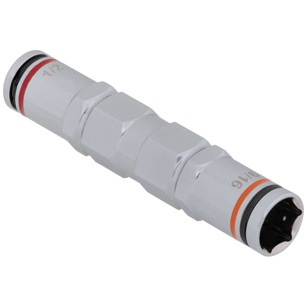 Individual 1/2-inch and 9/16-inch alloy steel pass-through nut driver barrel showing integrated hex wrench-assist bolster.