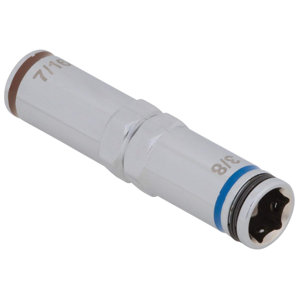 Individual 3/8-inch and 7/16-inch pass-through nut driver barrel detailing laser-etched markings and color-coded identification rings.