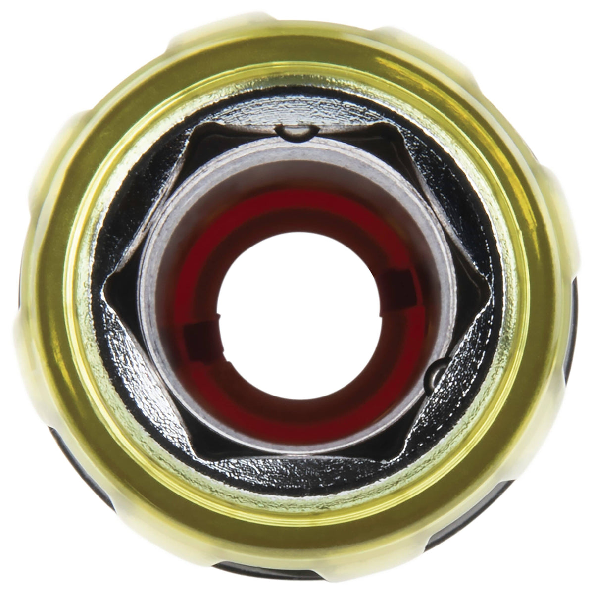 Direct top-down view looking through the hollow center of the Klein pass-through handle to highlight unrestricted rod clearance.
