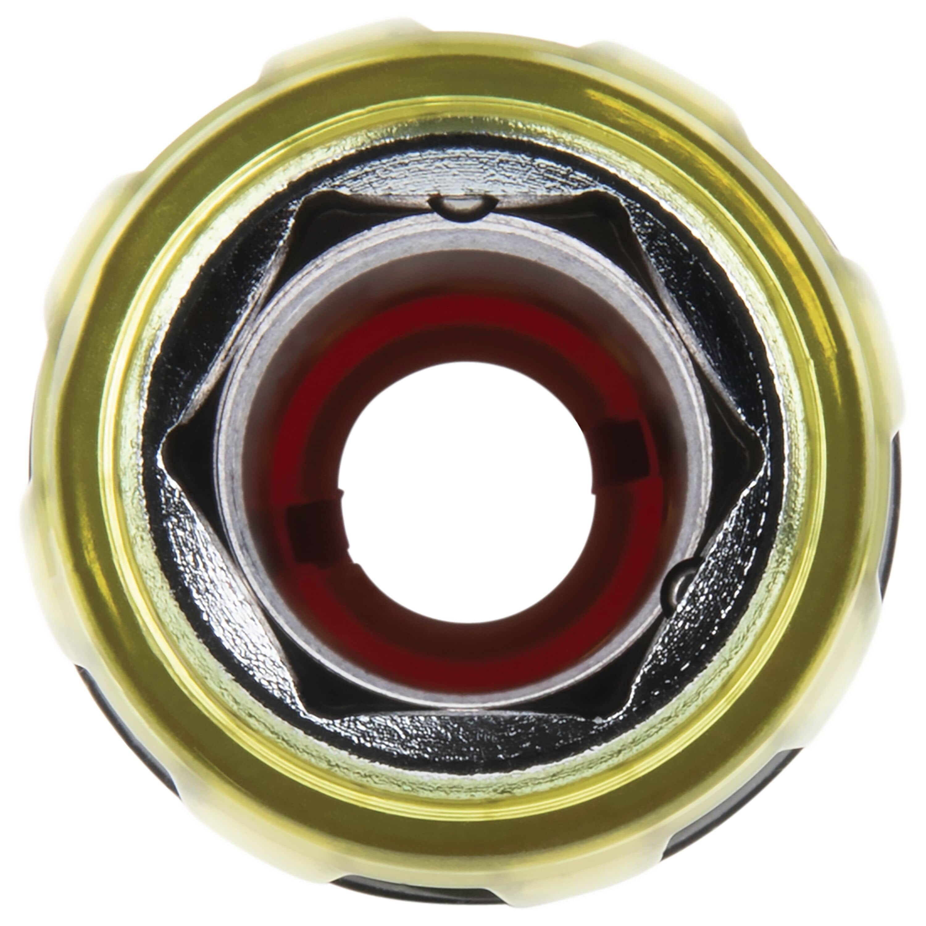 Direct top-down view looking through the hollow center of the Klein pass-through handle to highlight unrestricted rod clearance.