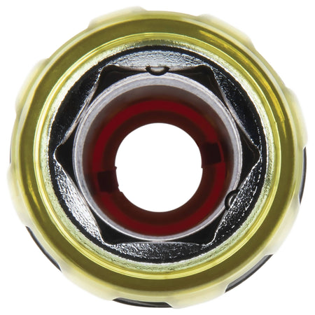 Direct top-down view looking through the hollow center of the Klein pass-through handle to highlight unrestricted rod clearance.