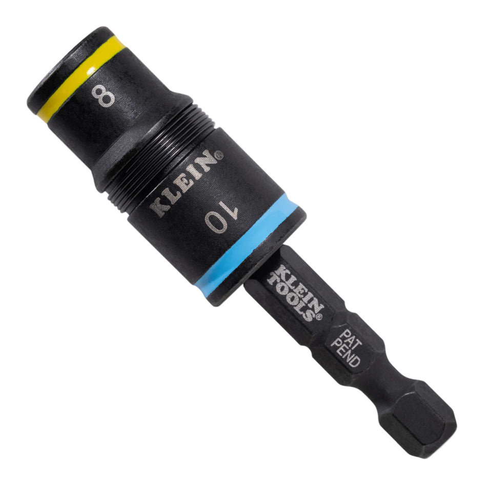 Klein 32931M 2-in-1 metric flip socket set showing the 8 mm and 10 mm socket sleeve mounted on a stubby 1/4-inch hex driver shank.
