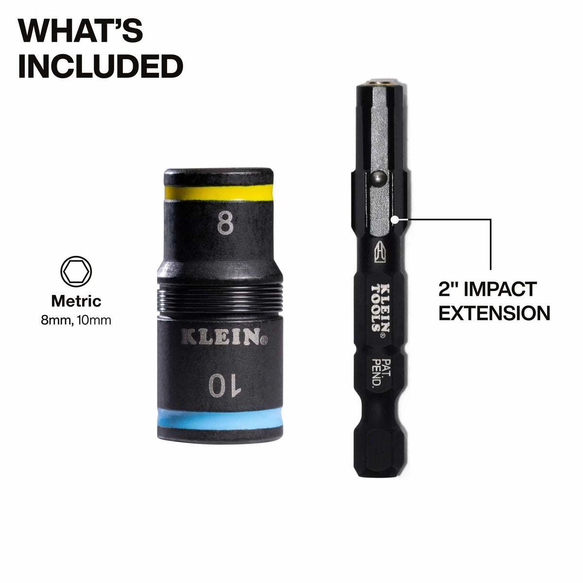 Diagram detailing included set components: a reversible 8 mm and 10 mm metric flip socket alongside a 2-inch impact extension shaft.