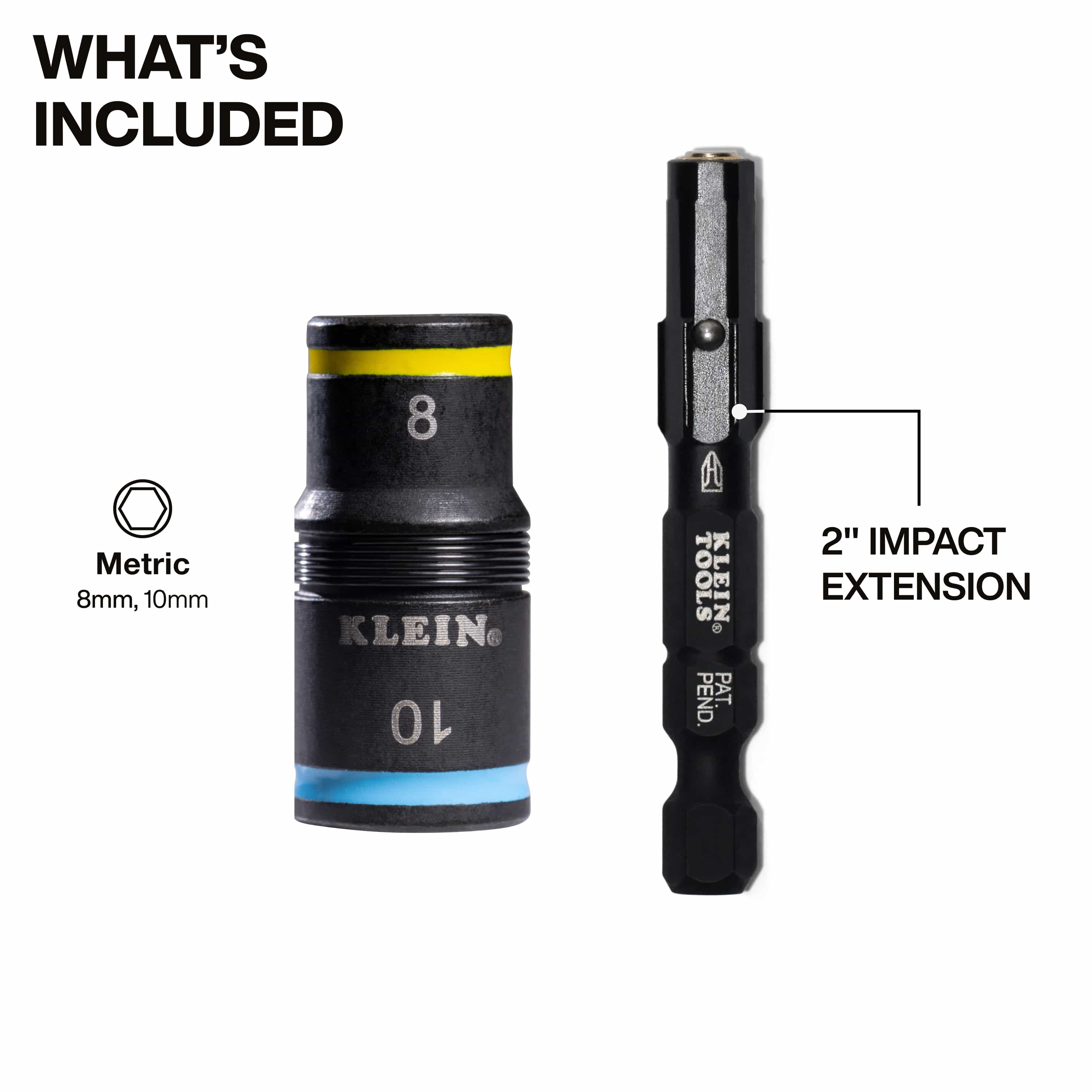 Diagram detailing included set components: a reversible 8 mm and 10 mm metric flip socket alongside a 2-inch impact extension shaft.