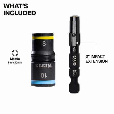Diagram detailing included set components: a reversible 8 mm and 10 mm metric flip socket alongside a 2-inch impact extension shaft.