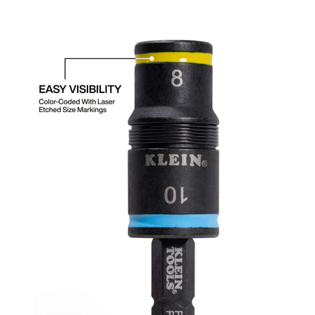 Close-up diagram illustrating high-visibility yellow and blue color rings with laser-etched 8 mm and 10 mm metric size callouts.