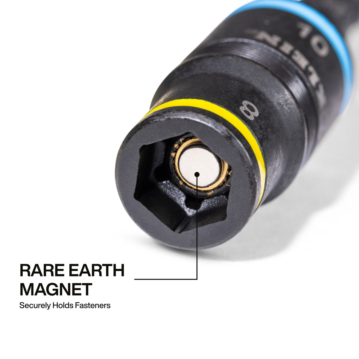 End view of the 8 mm socket opening detailing the centered Rare-Earth magnet engineered for secure metric fastener retention.