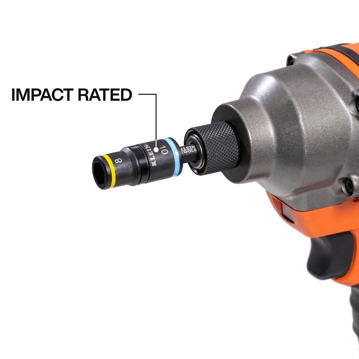 Klein 32931M metric flip socket attachment locked into a power impact driver chuck to highlight high-torque driver compatibility.
