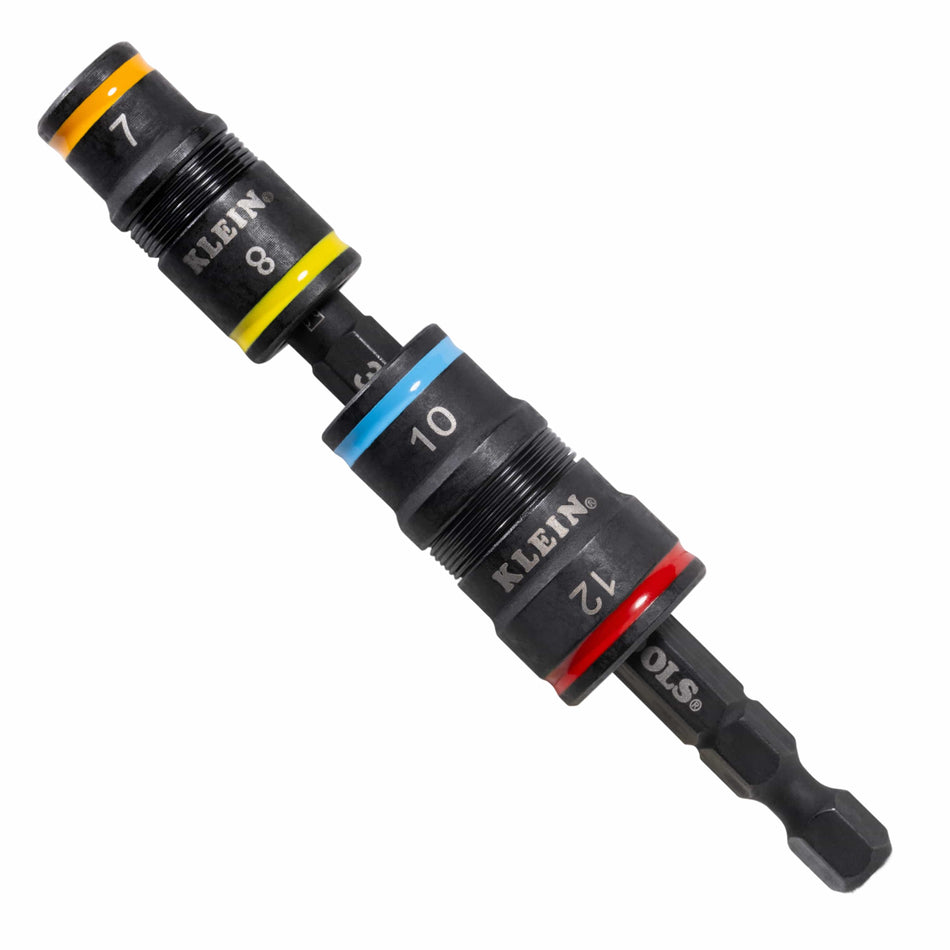 Klein 32932M 4-in-1 metric flip socket set showing two stacked sockets on a 1/4-inch hex shank covering 7 mm to 12 mm drive sizes.