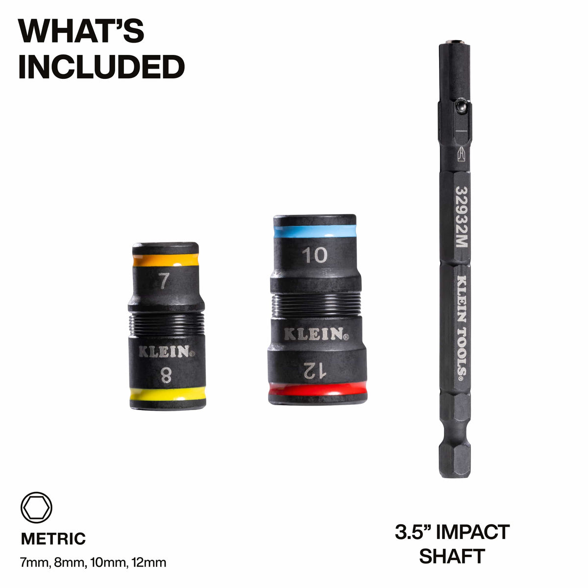 Diagram detailing included components: two reversible metric flip sockets covering 7, 8, 10, and 12 mm and a 3.5-inch impact extension shaft.