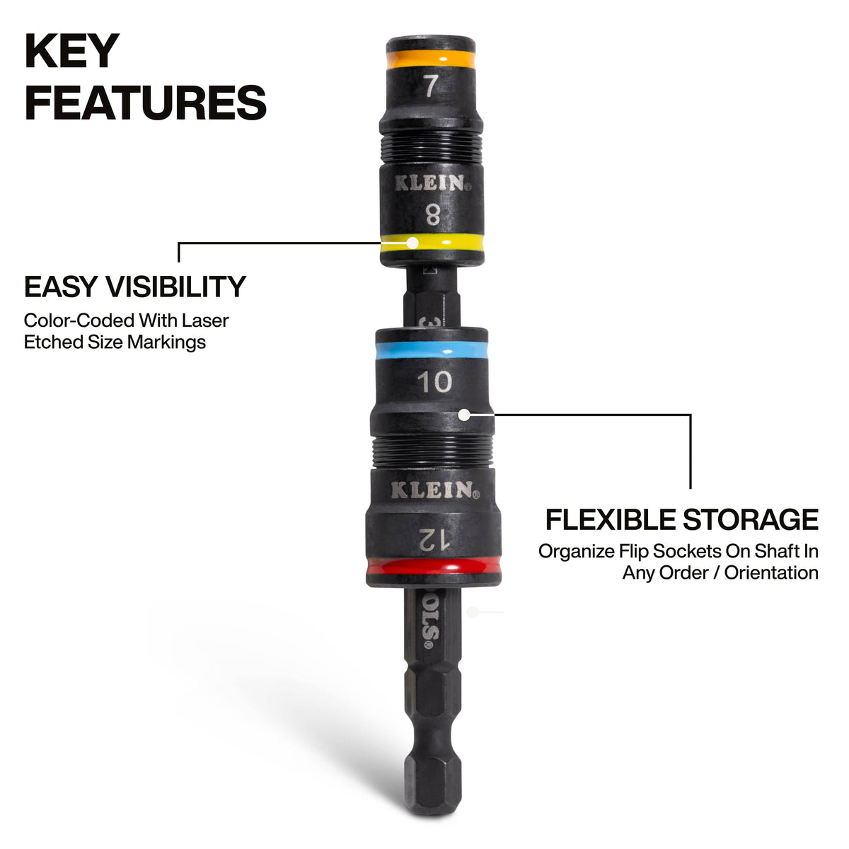 Diagram highlighting color-coded size rings with laser-etched markings and flexible socket stacking along the 1/4-inch hex extension shank.