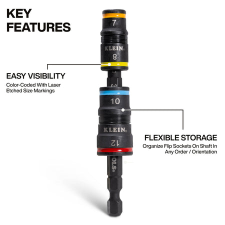 Diagram highlighting color-coded size rings with laser-etched markings and flexible socket stacking along the 1/4-inch hex extension shank.