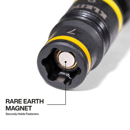 Direct end view of the 7 mm socket opening highlighting the centered Rare-Earth magnet engineered for secure metric fastener retention.