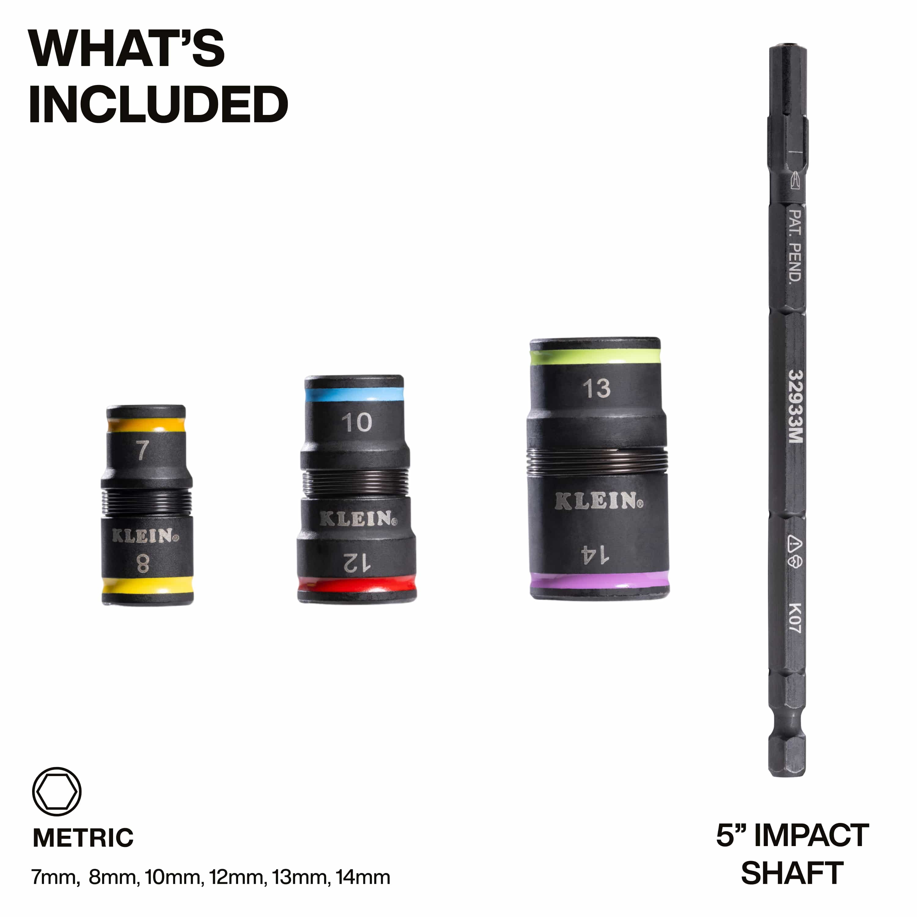 Diagram detailing included components: three reversible metric flip sockets covering 7 to 14 mm and a 5-inch impact extension shaft.