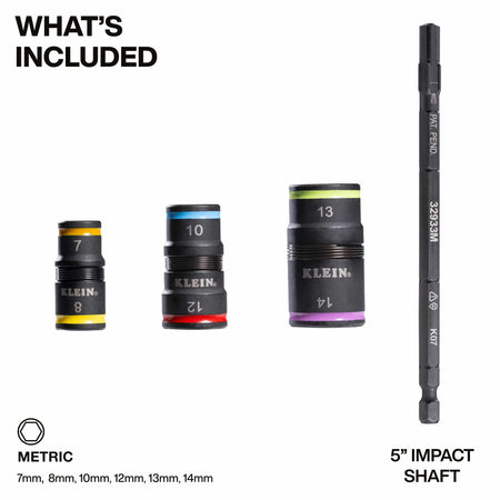 Diagram detailing included components: three reversible metric flip sockets covering 7 to 14 mm and a 5-inch impact extension shaft.
