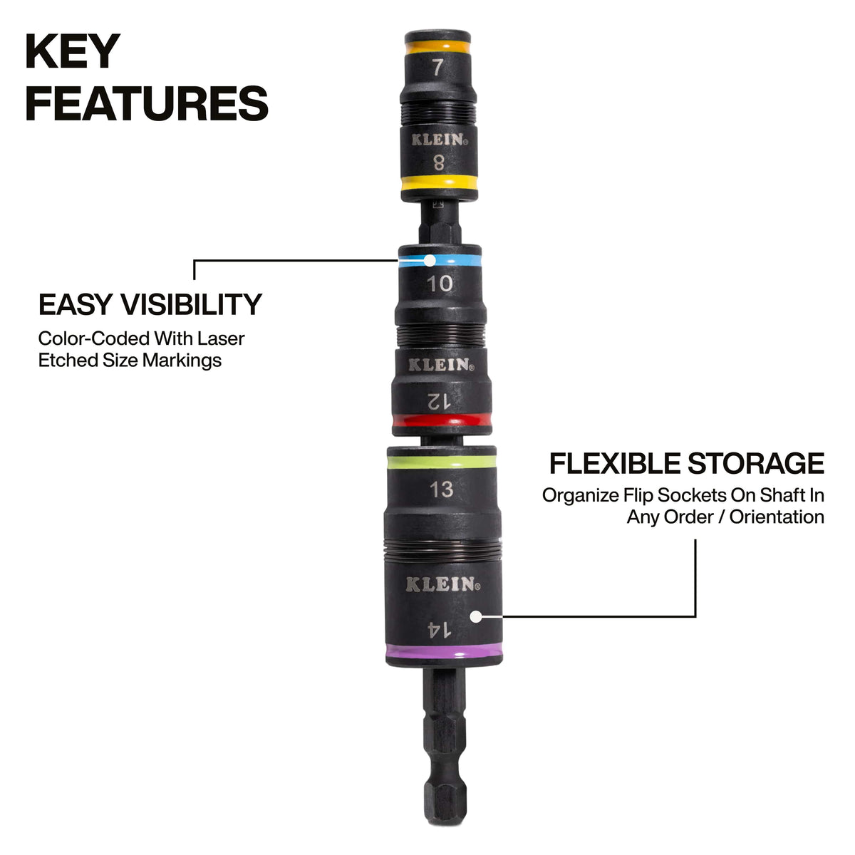 Diagram highlighting color-coded size rings with laser-etched markings and flexible socket stacking along the 1/4-inch hex extension shaft.
