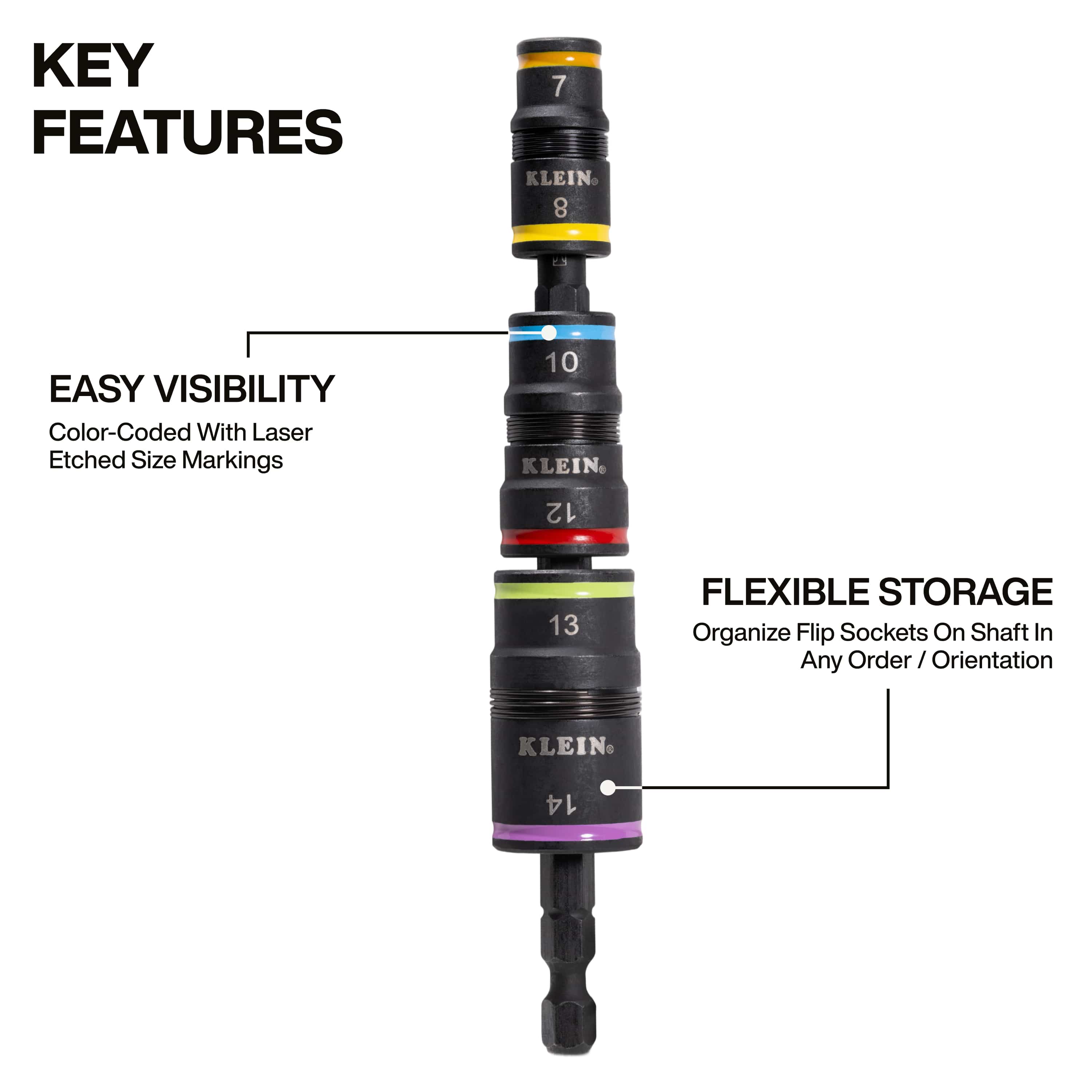 Diagram highlighting color-coded size rings with laser-etched markings and flexible socket stacking along the 1/4-inch hex extension shaft.