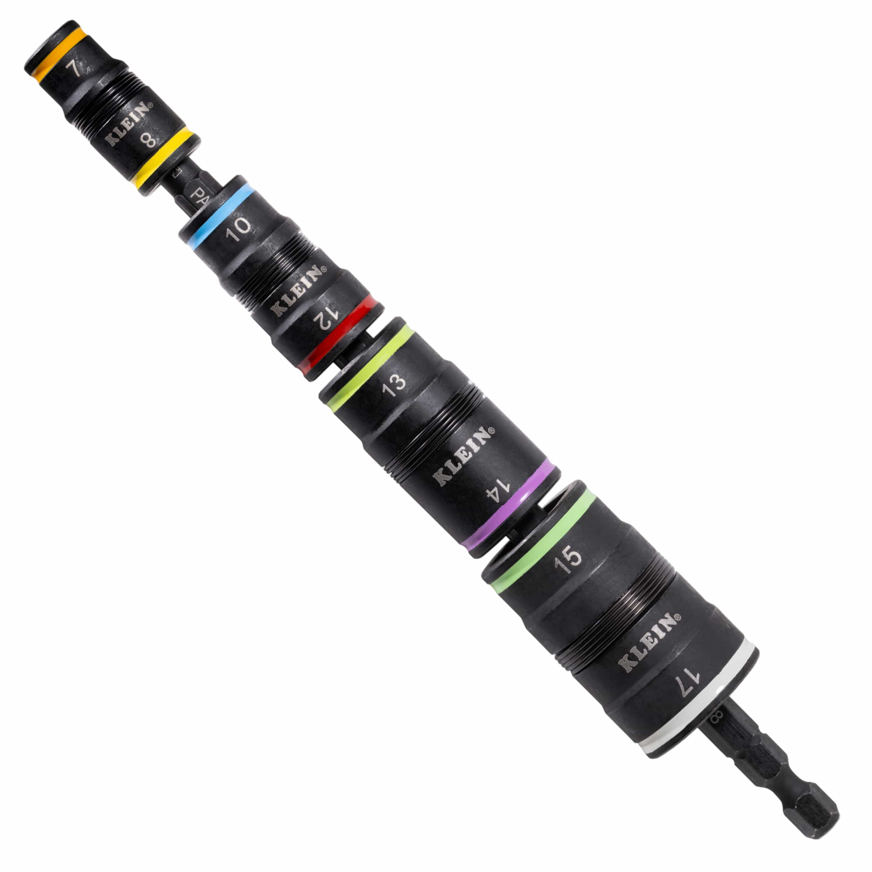 Klein 32934M 8-in-1 metric flip socket set showing four stacked sockets on a 1/4-inch hex shank covering 7 mm to 17 mm sizes.