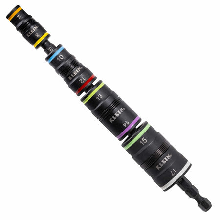 Klein 32934M 8-in-1 metric flip socket set showing four stacked sockets on a 1/4-inch hex shank covering 7 mm to 17 mm sizes.