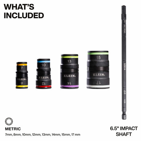 Diagram showing included components: four reversible metric flip sockets covering 7 to 17 mm and a 6.5-inch impact extension shaft.