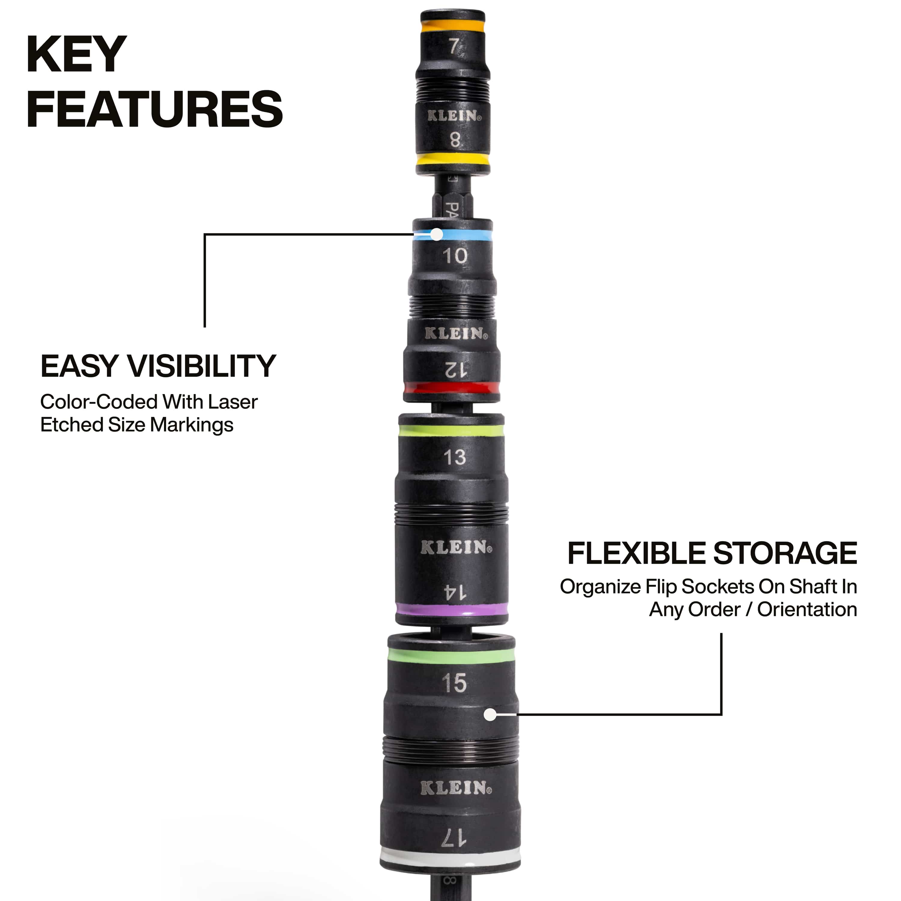 Diagram highlighting color-coded laser-etched size markings and flexible socket stacking along the 1/4-inch hex extension shaft.