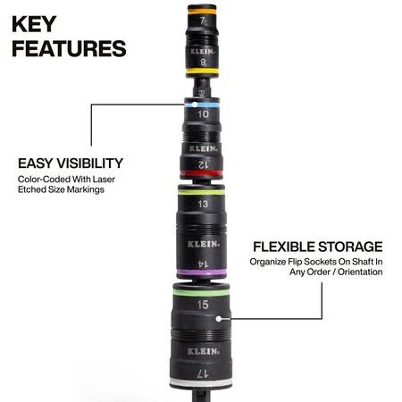 Diagram highlighting color-coded laser-etched size markings and flexible socket stacking along the 1/4-inch hex extension shaft.