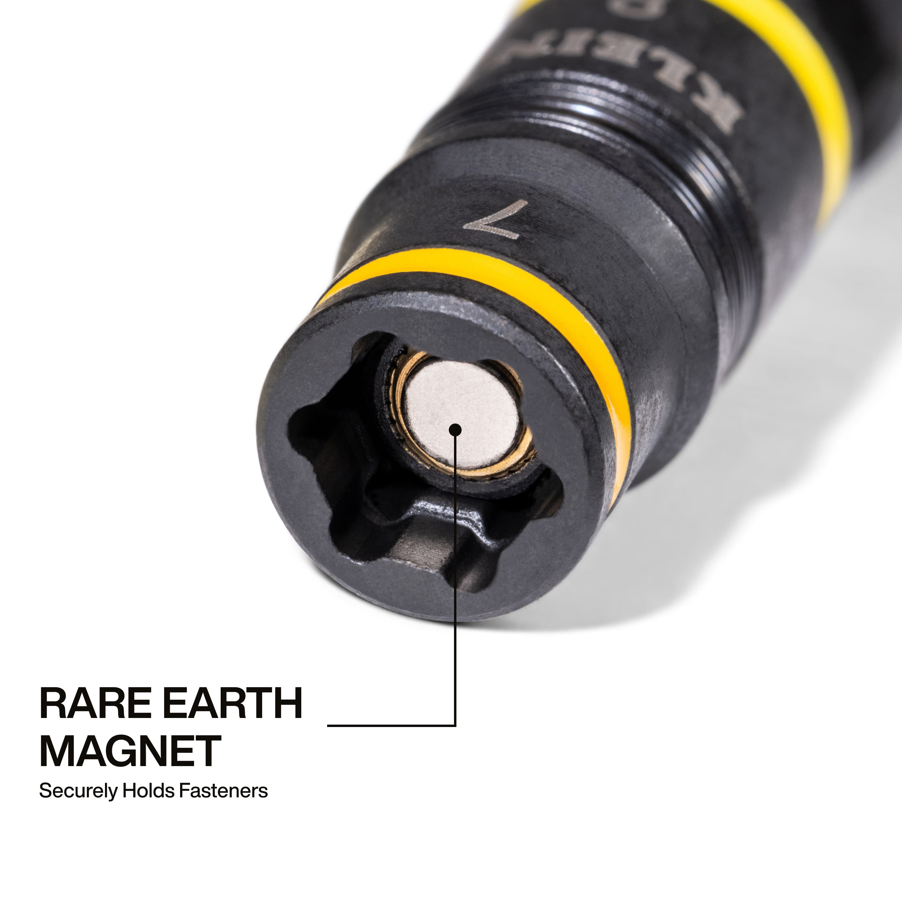 Direct end view of the 7 mm socket opening showing the centered Rare-Earth magnet engineered for secure metric fastener retention.