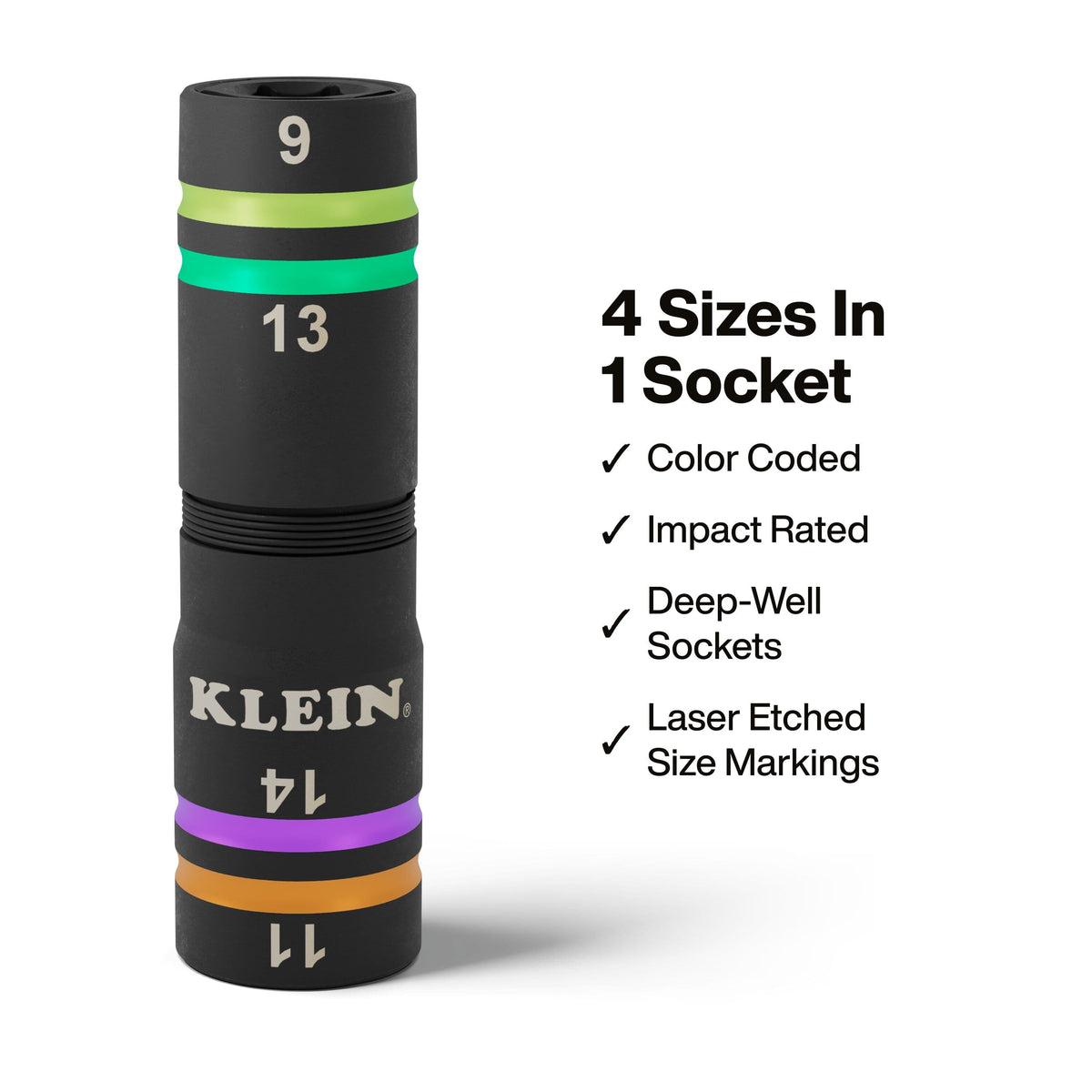 Diagram detailing 4 metric sizes in 1 socket body, color-coded rings, deep-well profile, and impact-rated alloy steel construction.