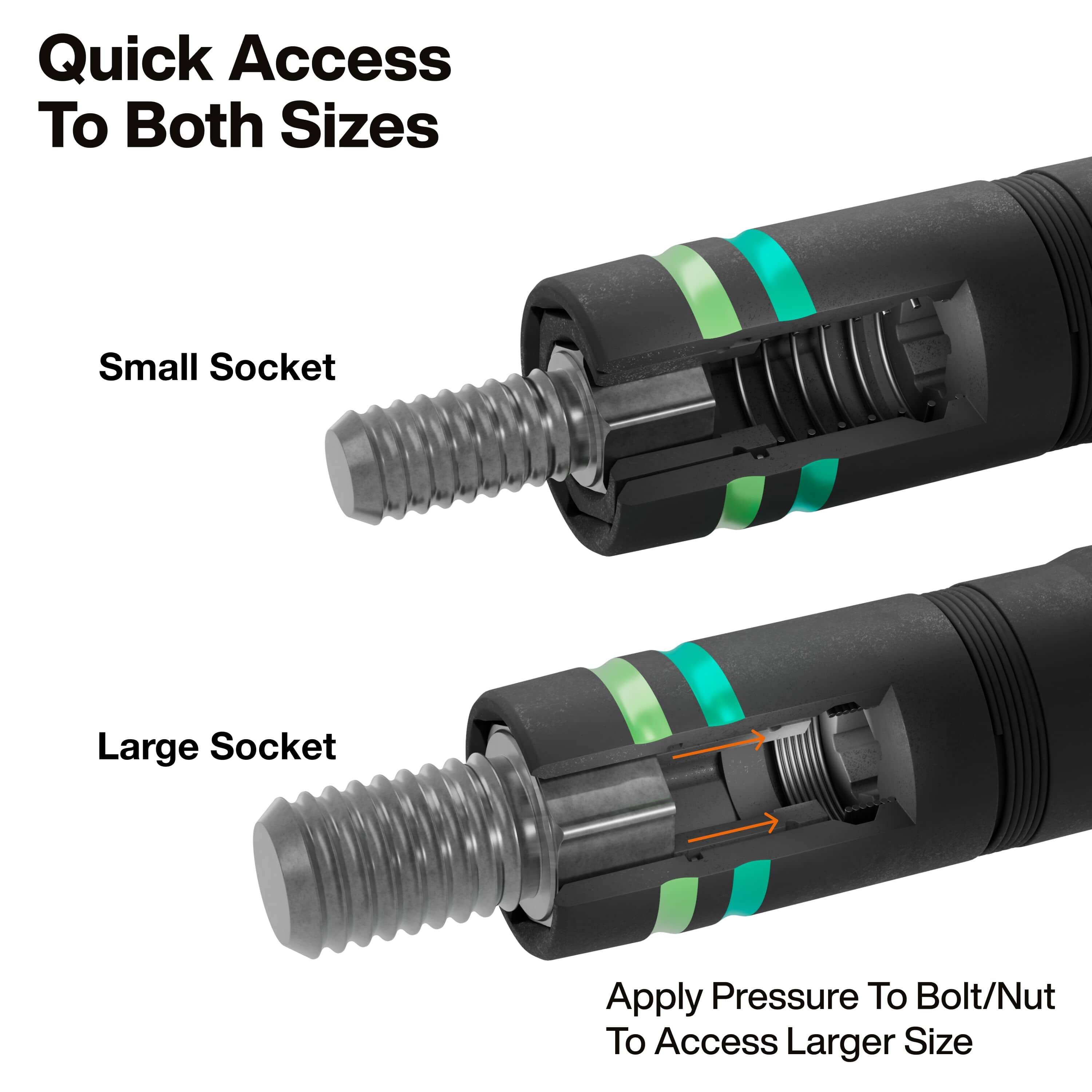 Diagram demonstrating spring-loaded coaxial action where applying pressure retracts inner sleeve walls to engage larger metric hex heads.