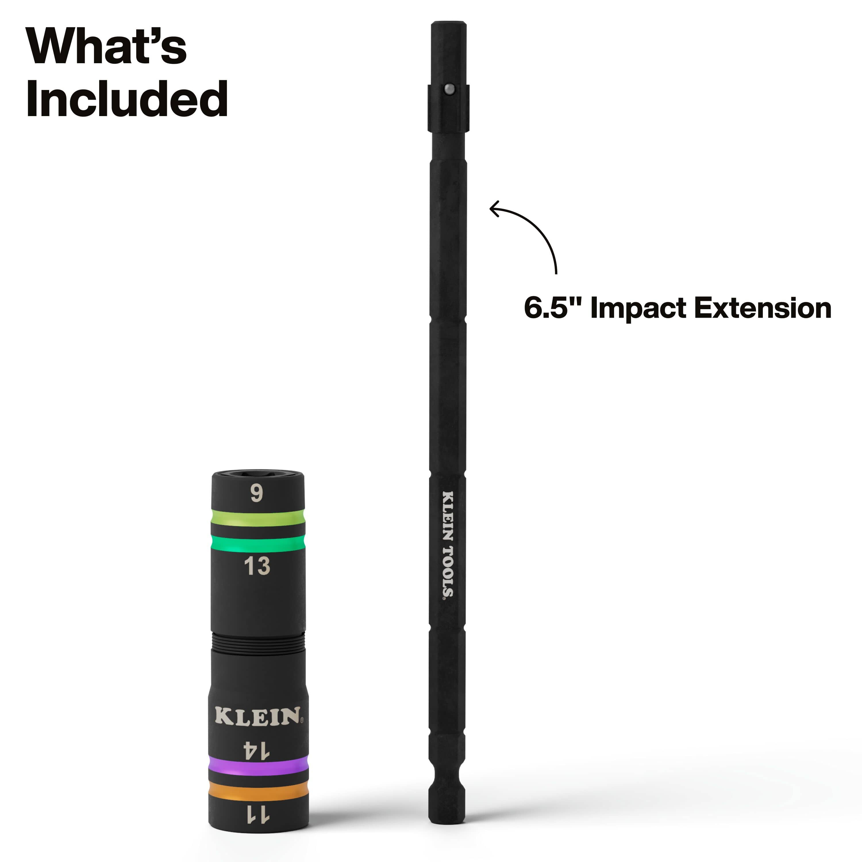 Overview of included components showing the Klein Quad-4 metric flip socket alongside its 6.5-inch impact extension adapter shank.