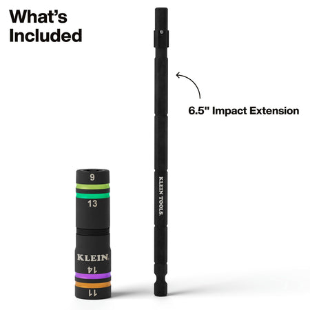 Overview of included components showing the Klein Quad-4 metric flip socket alongside its 6.5-inch impact extension adapter shank.