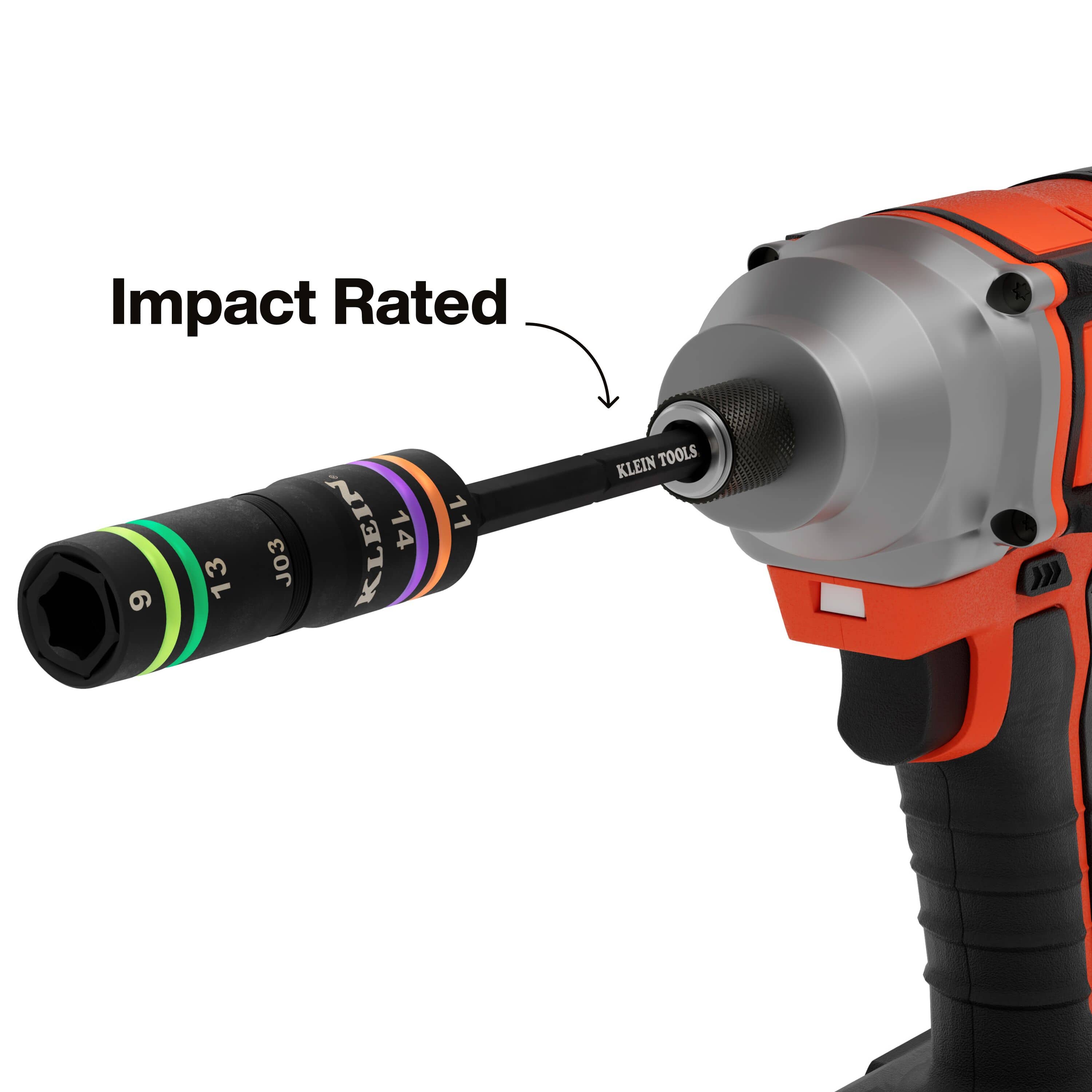 Klein 6512MQS Quad-4 metric flip socket mounted on a power impact driver chuck to highlight high-torque impact compatibility.