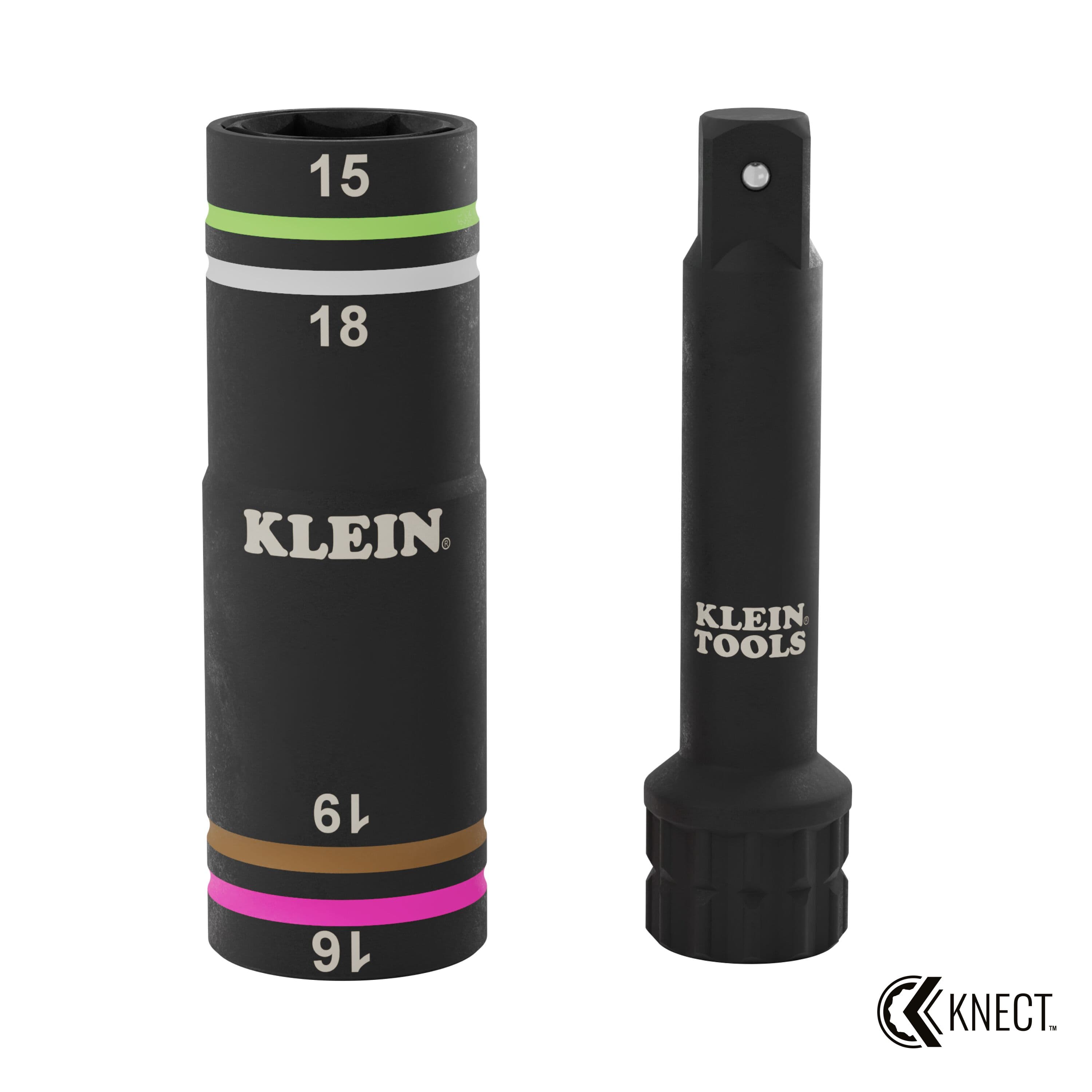 Klein 6513MQS Quad-4 metric impact flip socket displaying 15mm, 18mm, 19mm, and 16mm color-coded rings next to its KNECT M system adapter.
