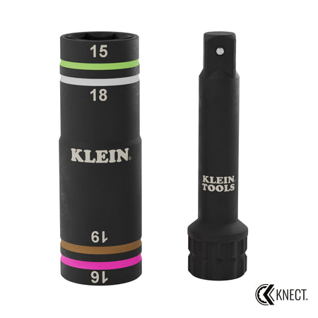 Klein 6513MQS Quad-4 metric impact flip socket displaying 15mm, 18mm, 19mm, and 16mm color-coded rings next to its KNECT M system adapter.