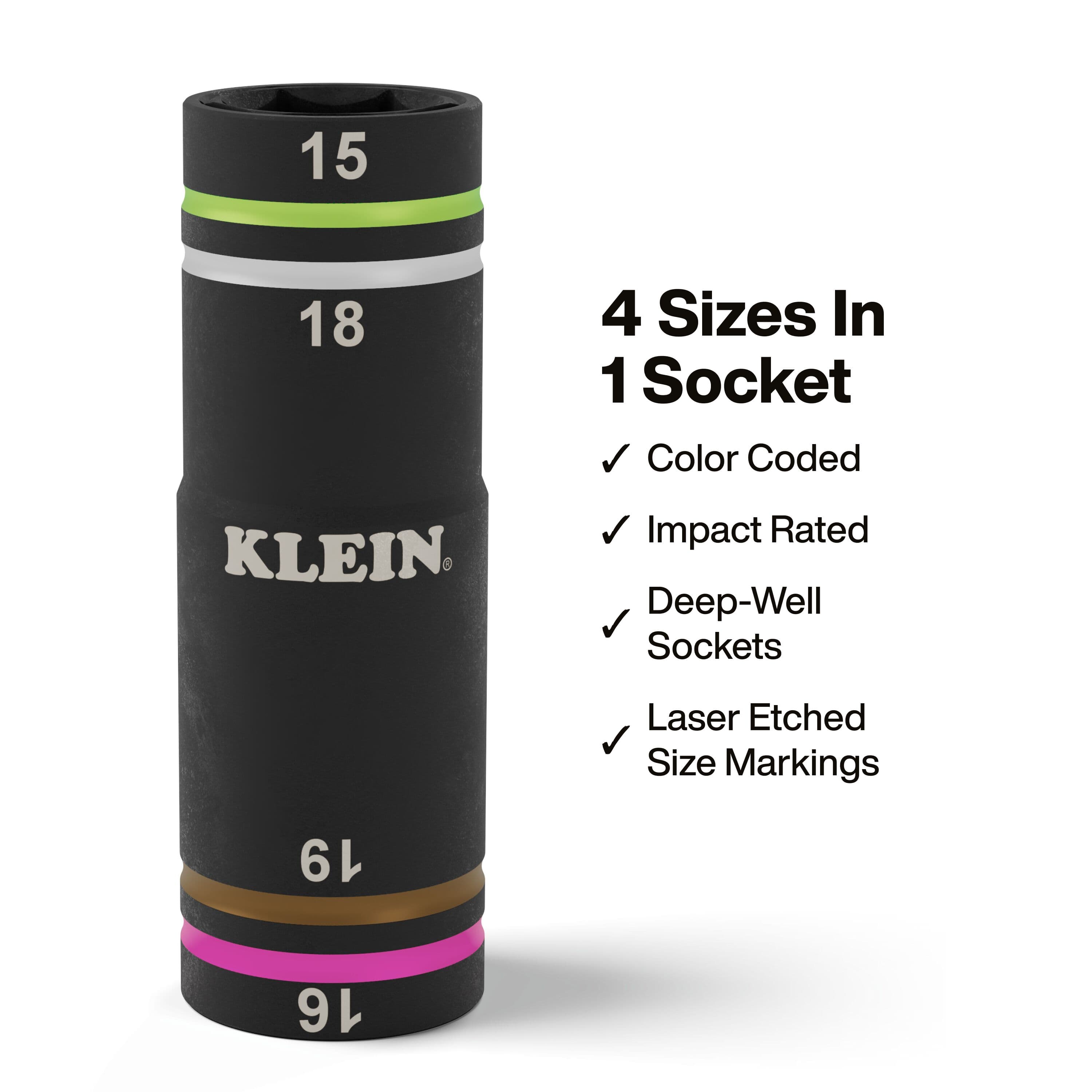 Diagram detailing 4 metric sizes in 1 socket body, color-coded rings, deep-well profile, and impact-rated alloy steel construction.